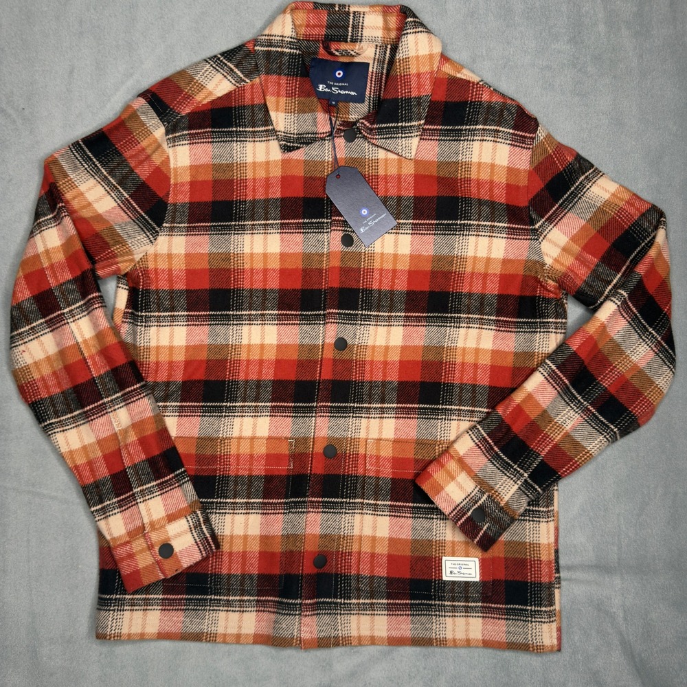 Ben Sherman Mens Plaid Flannel Overshirt Orange Red Tan Snap Front Jacket Size M